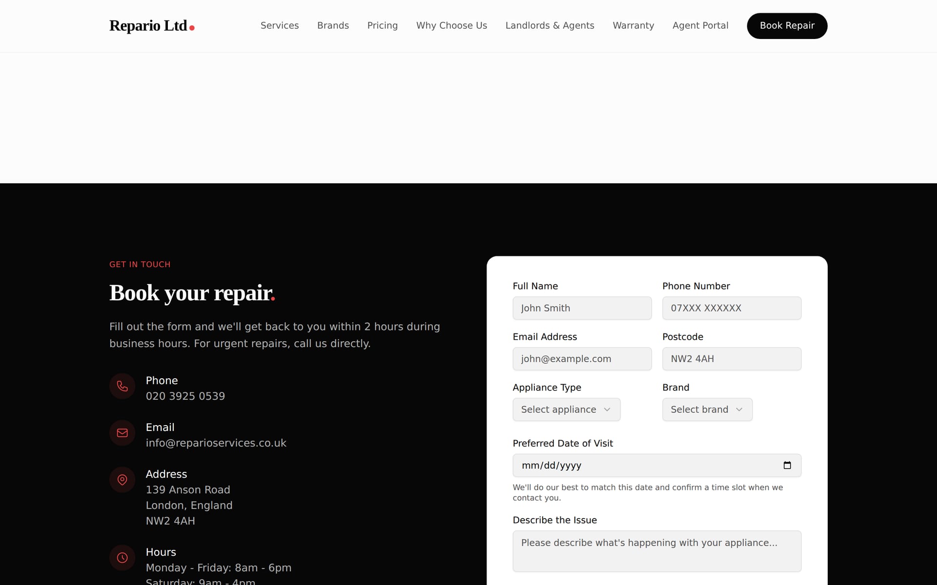 Repario Ltd — Customer booking form